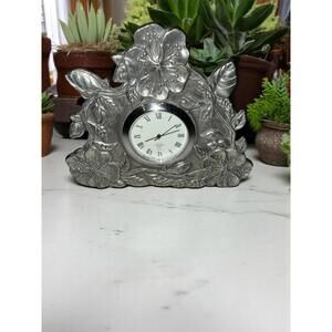 Lenox Pewter Silver Desk Clock Quartz Kirk Stieff Floral Poppy Frame